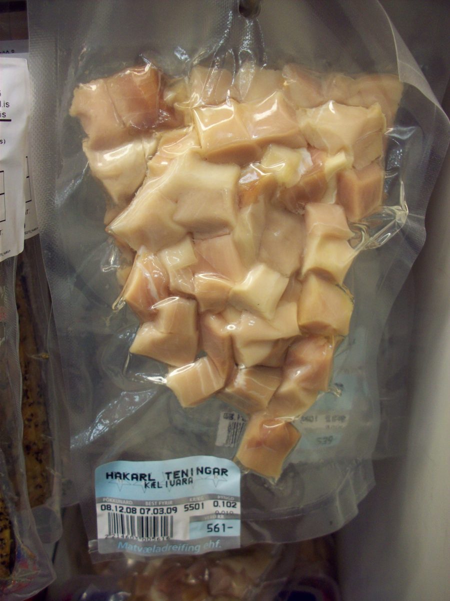 A bag of fermented shark bought at the flea market.