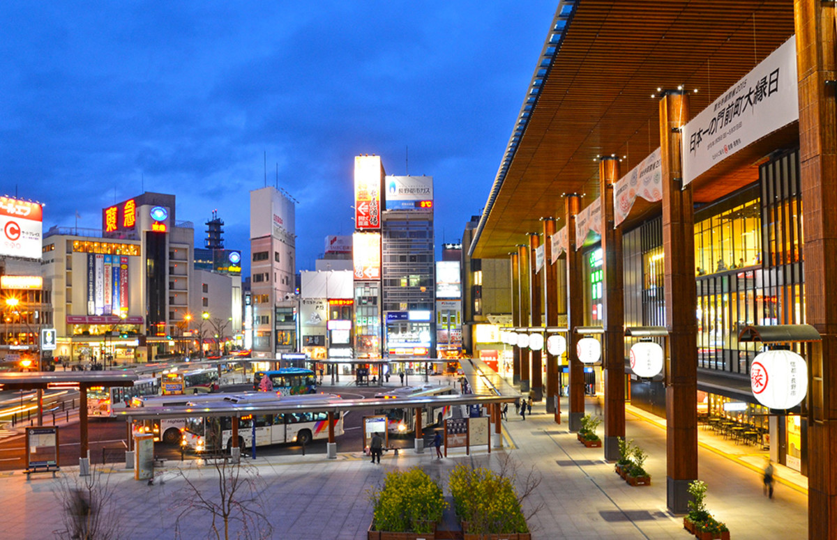 Nagano Station at evening time. Major Japanese train stations are always surrounded by shops, cheap accommodation, and restaurants. They are wonderful places to hang out at when traveling alone in Japan