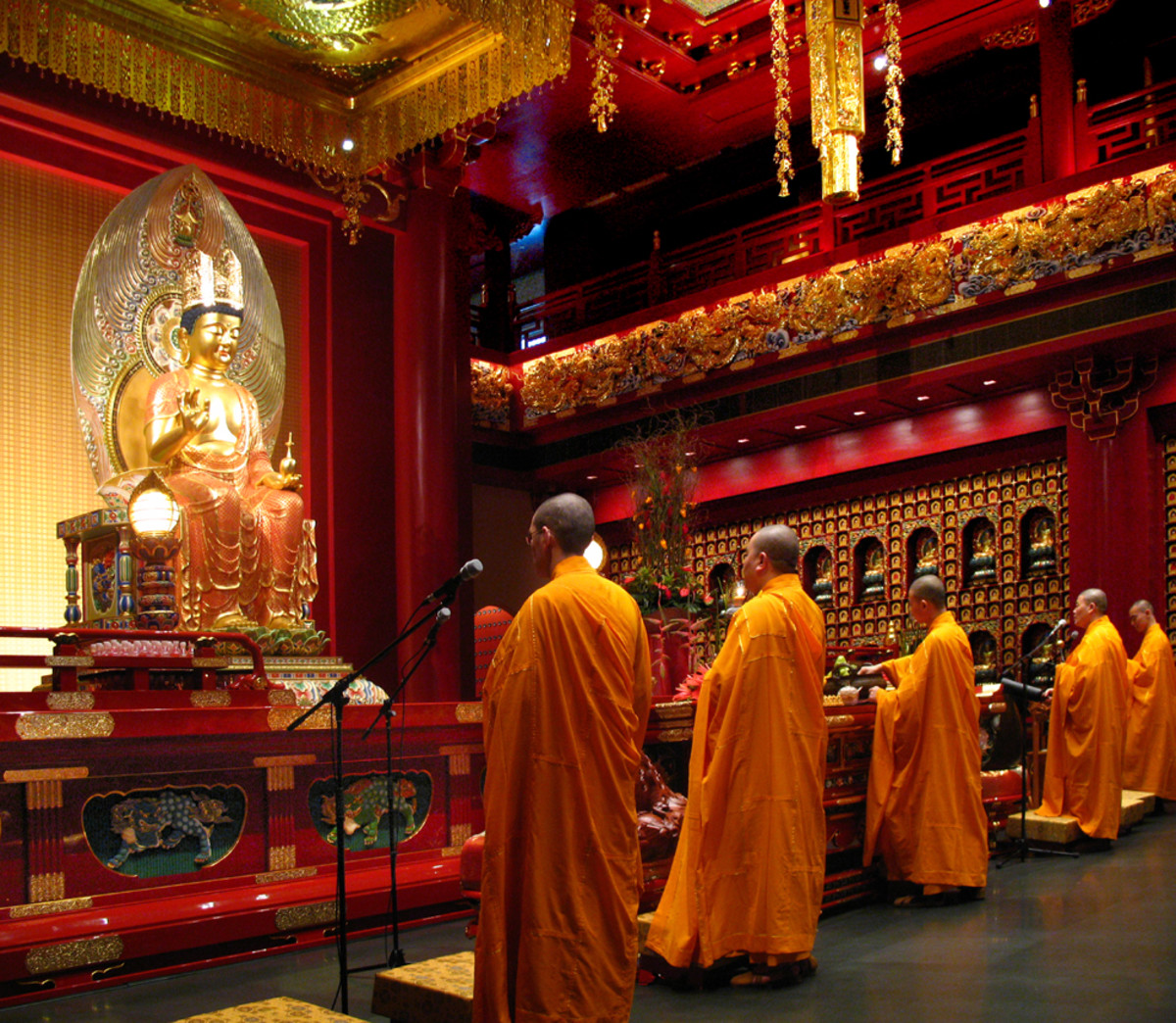Buddhist Monks Offering Their Devotions in the Hundred Dragons Hall