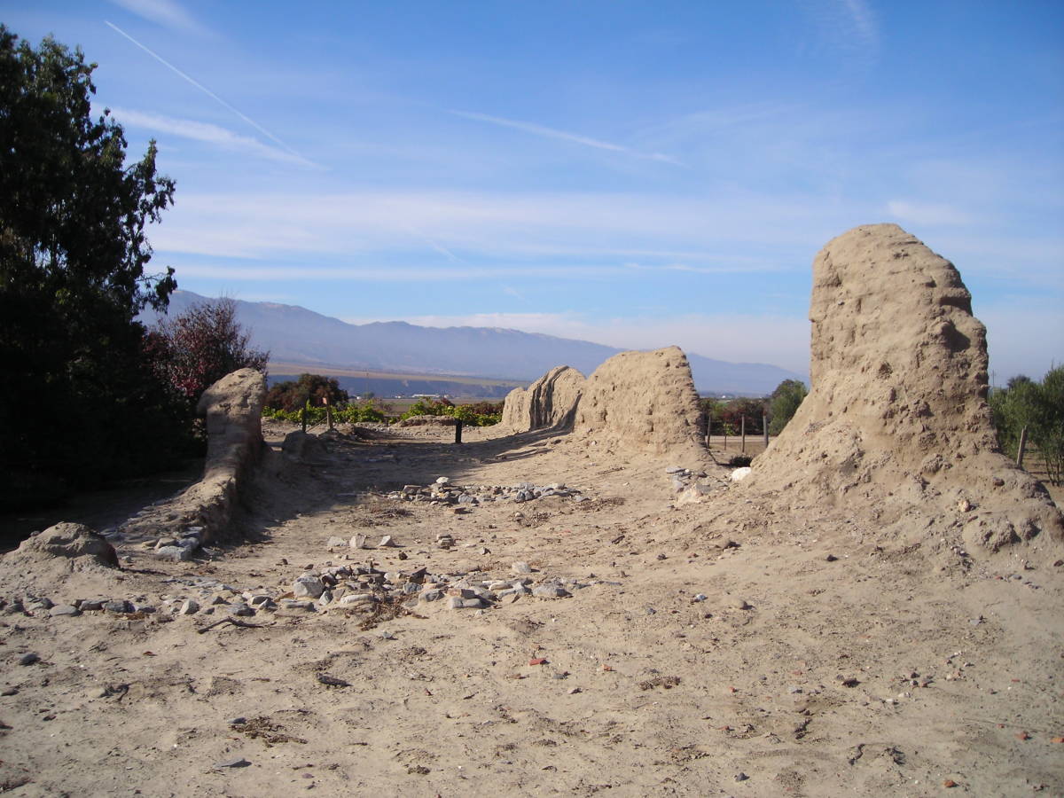 Remains of adobe walls at Mission Santa Inés.  Several of the missions are active archeological sites, helping scholars and historians to learn more about the mission system.