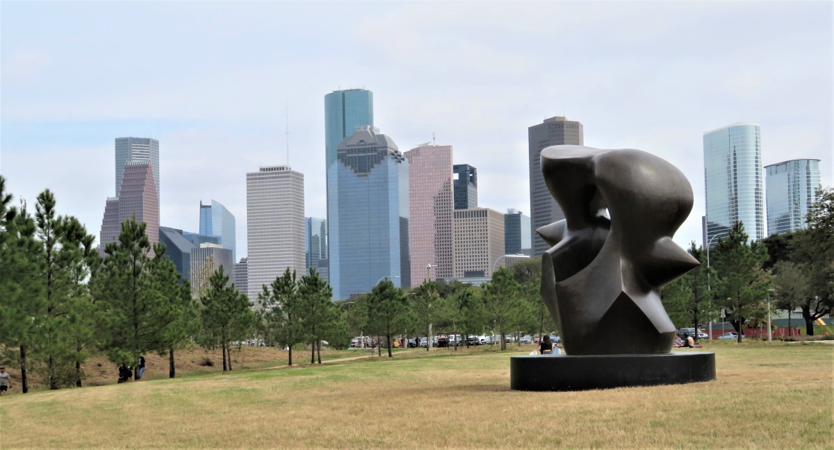 Henry Moore "Large Spindle Piece" sculpture with downtown Houston as a backdrop