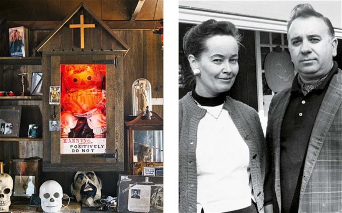 安娜贝拉在她神秘的博物馆的玻璃盒在洛林·沃伦的地下室的房子(左);洛林和她的丈夫在1970年代(右)。