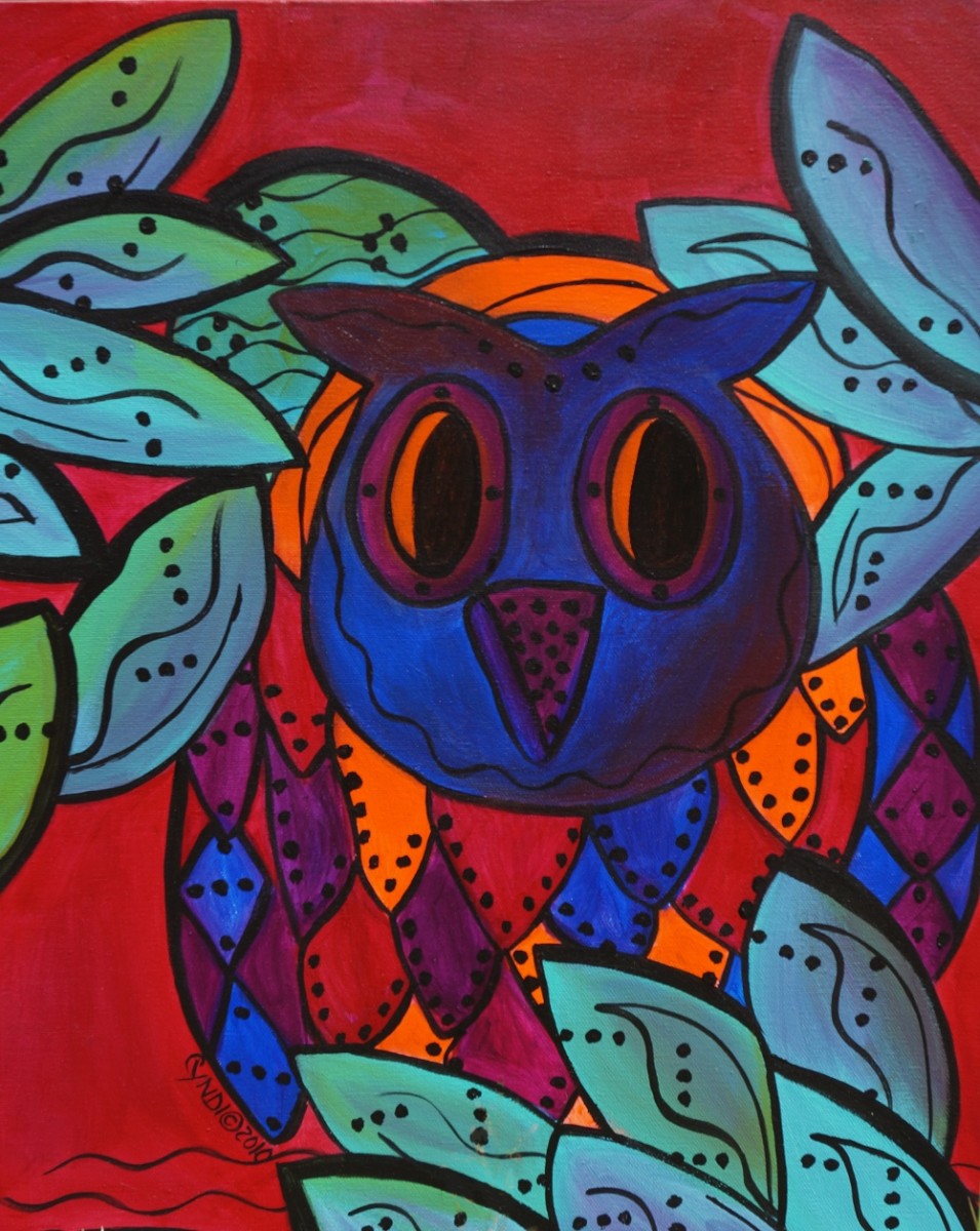 我真的很喜欢猫头鹰，所以几年前我画了这只猫头鹰。这是帆布上的丙烯画，20英寸x16英寸。