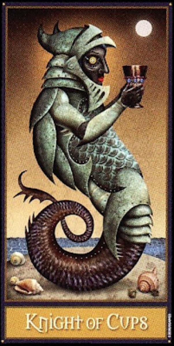 The Knight of Cups from the dark and disturbing Deviant Moon tarot.