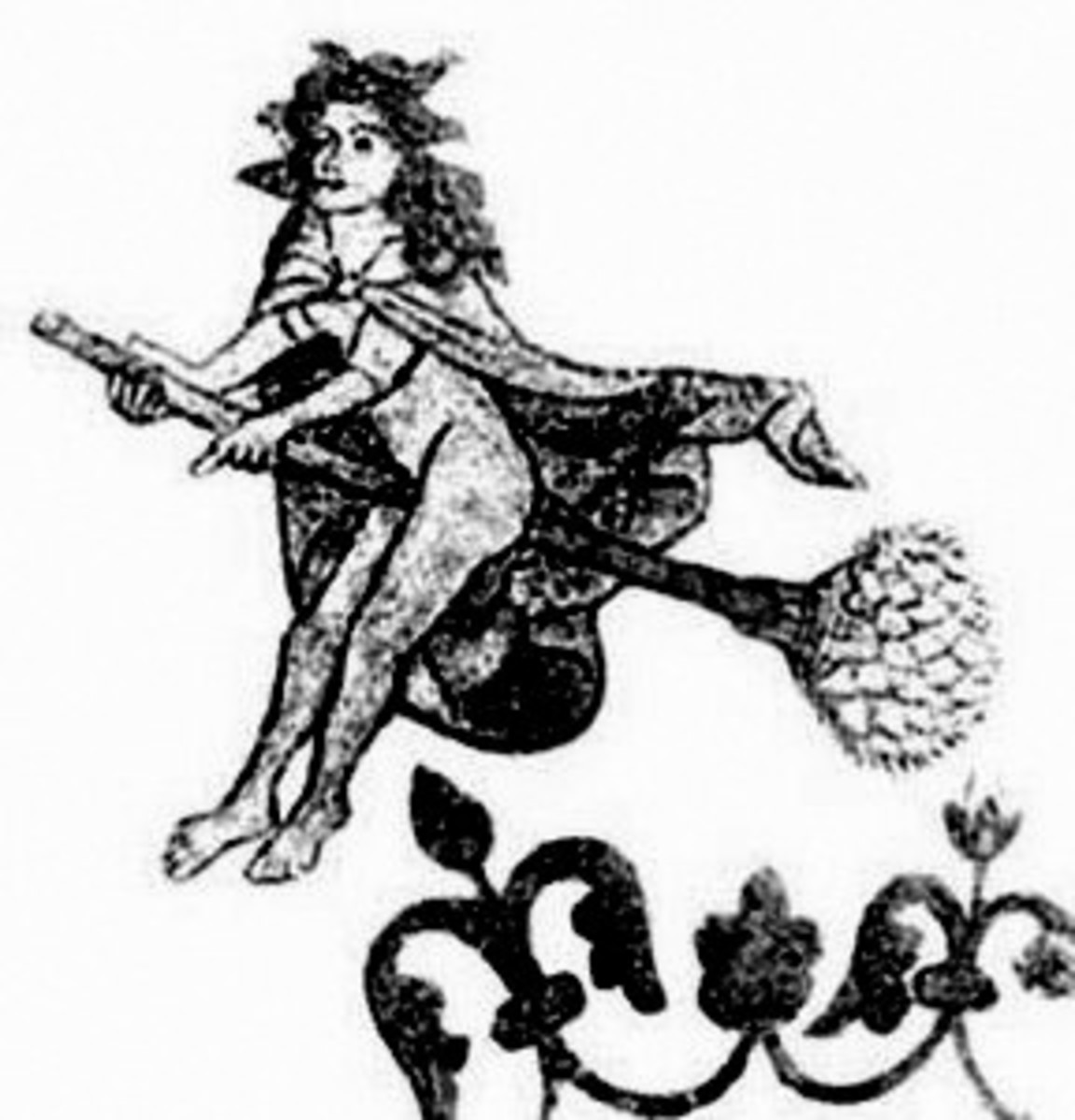 Medieval drawing of a witch flying with an herbal aid.