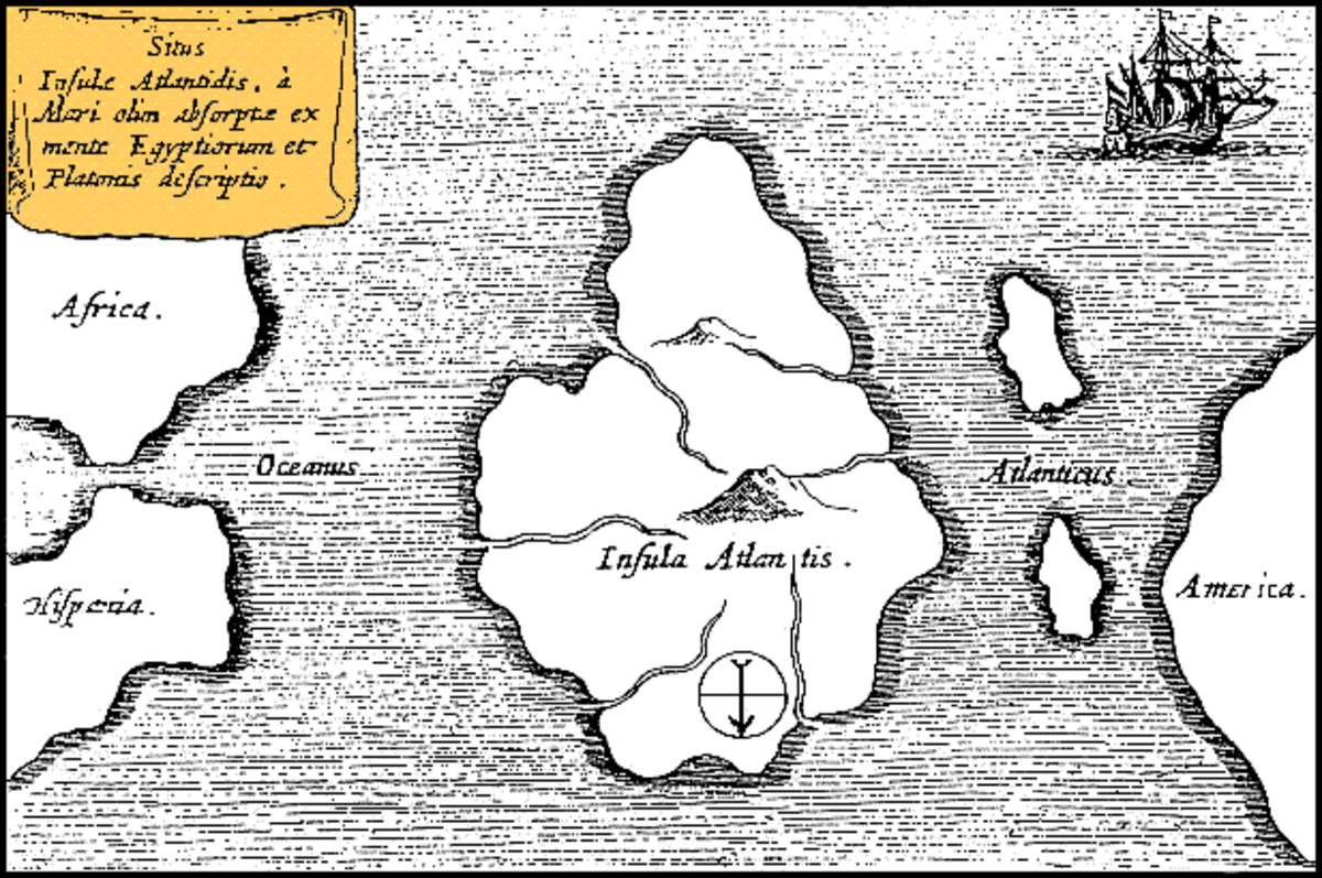 Athanasius Kircher's map of Atlantis, in the middle of the Atlantic Ocean. From Mundus Subterraneus1669, published in Amsterdam. The map is oriented with south at the top.