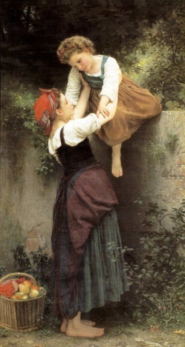 一个农妇和一个孩子。治疗技术通常由母亲传给女儿。威廉·布格罗艺术。