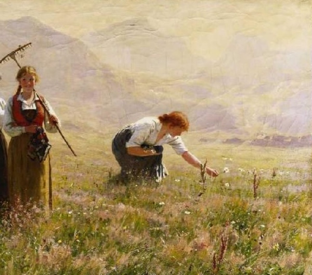 一位妇女在田野里采集野花。汉斯·达尔的艺术。