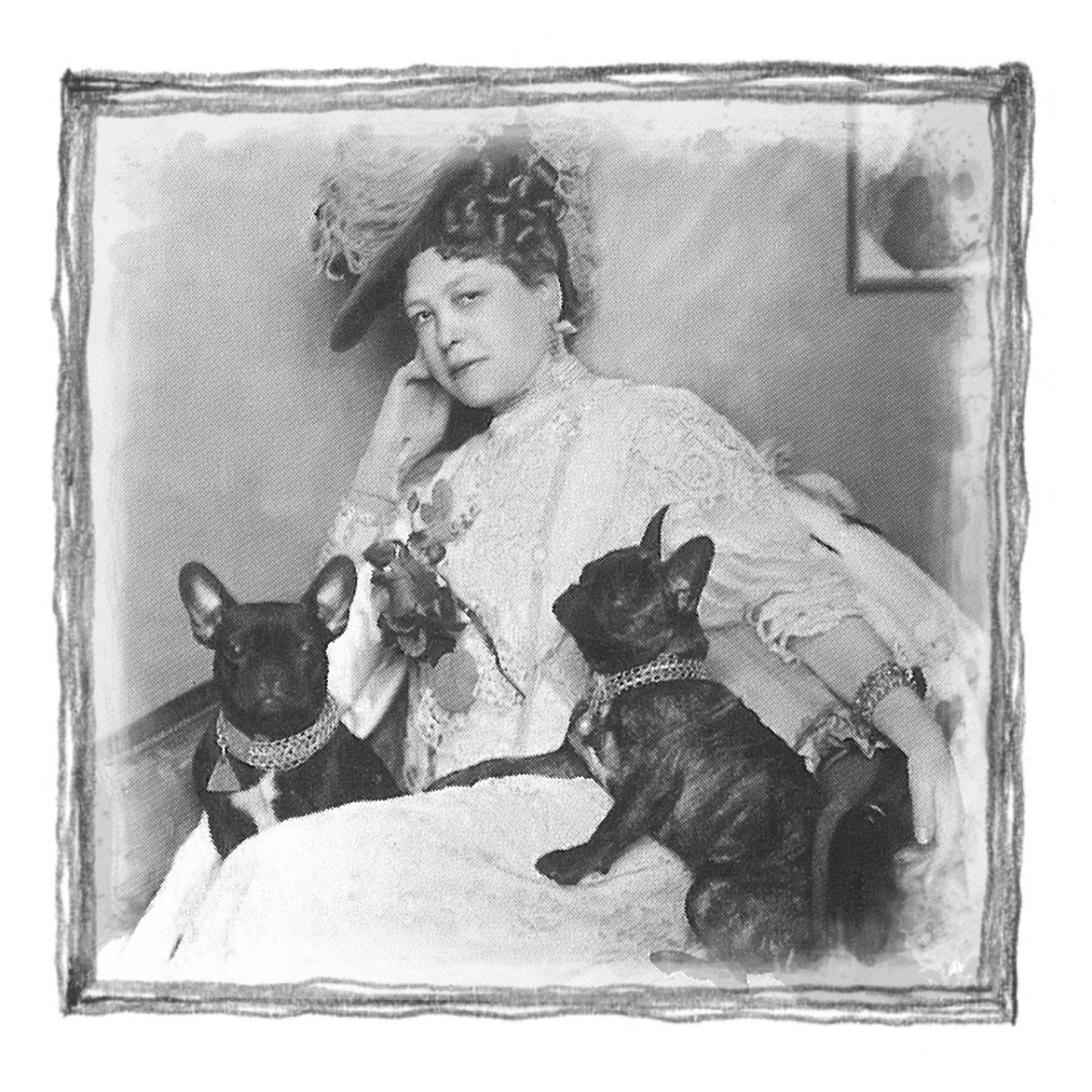 埃斯特·弗林特和她的两只法国斗牛犬的照片。埃斯特曾住在我们家，但在20世纪初去世了。
