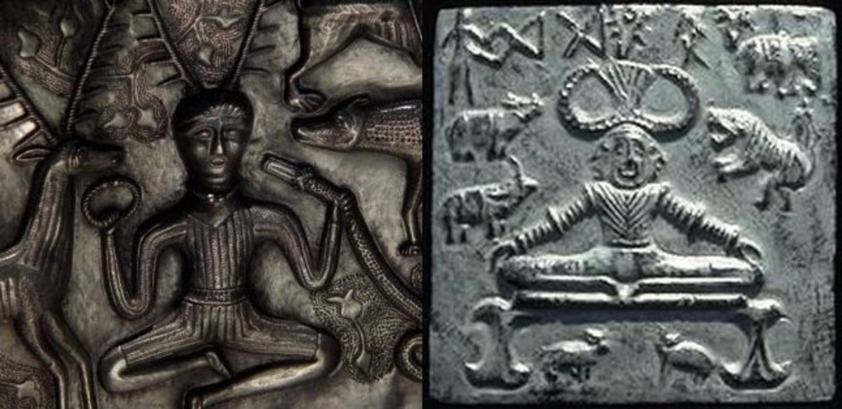 Cernunnos站在Gundestrup坩埚上(左);帕舒帕蒂，湿婆化身为“动物之主”(右)
