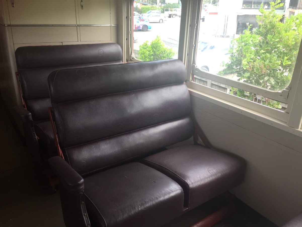 The old leather seats in the solar train bear scars from countless passengers since the 1950's. These seats were for economy passengers.