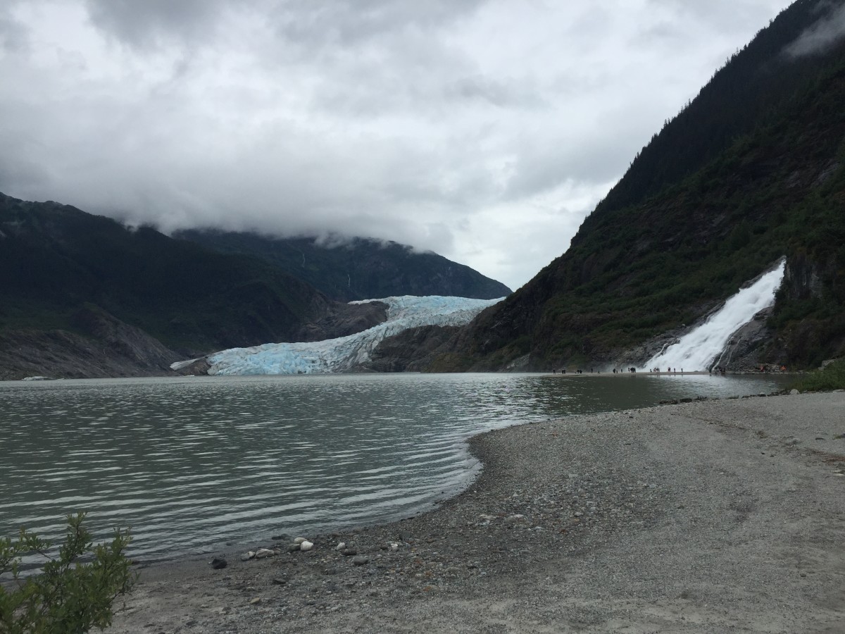 Mendenhall Glacier with nearby waterfall