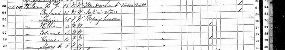 1870年萨凡纳人口普查显示威尔逊家族的条目。
