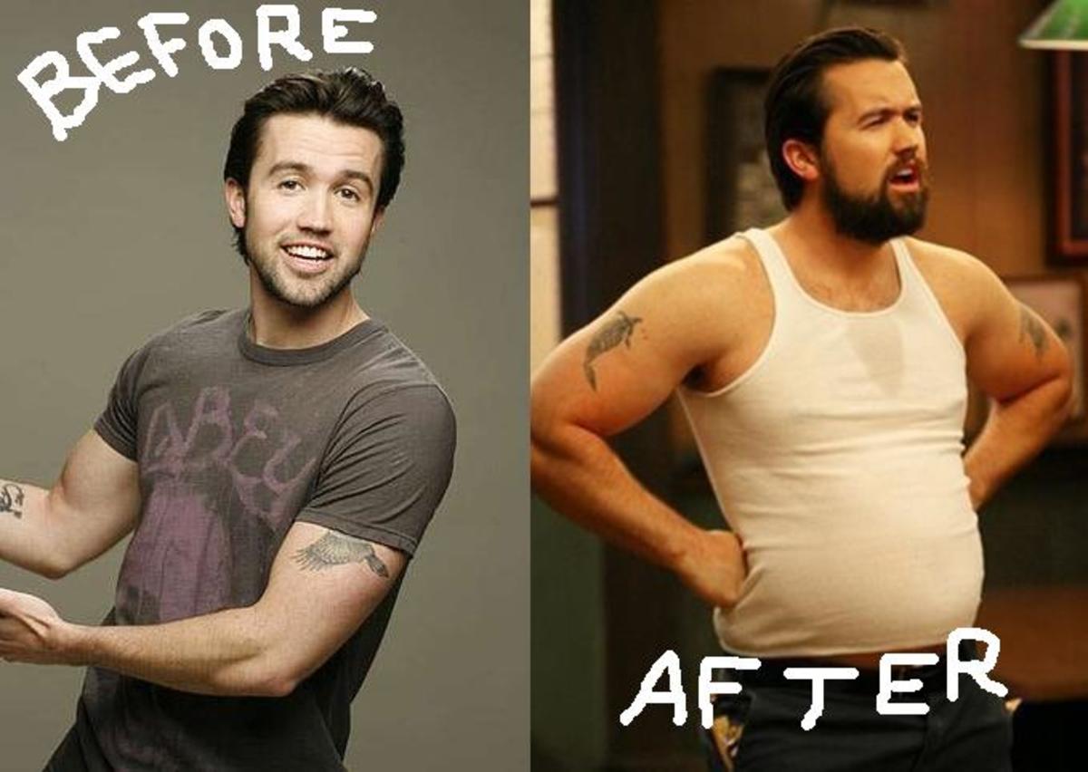 Rob McElhenney (Mac) before and after his 50 pound weight gain.