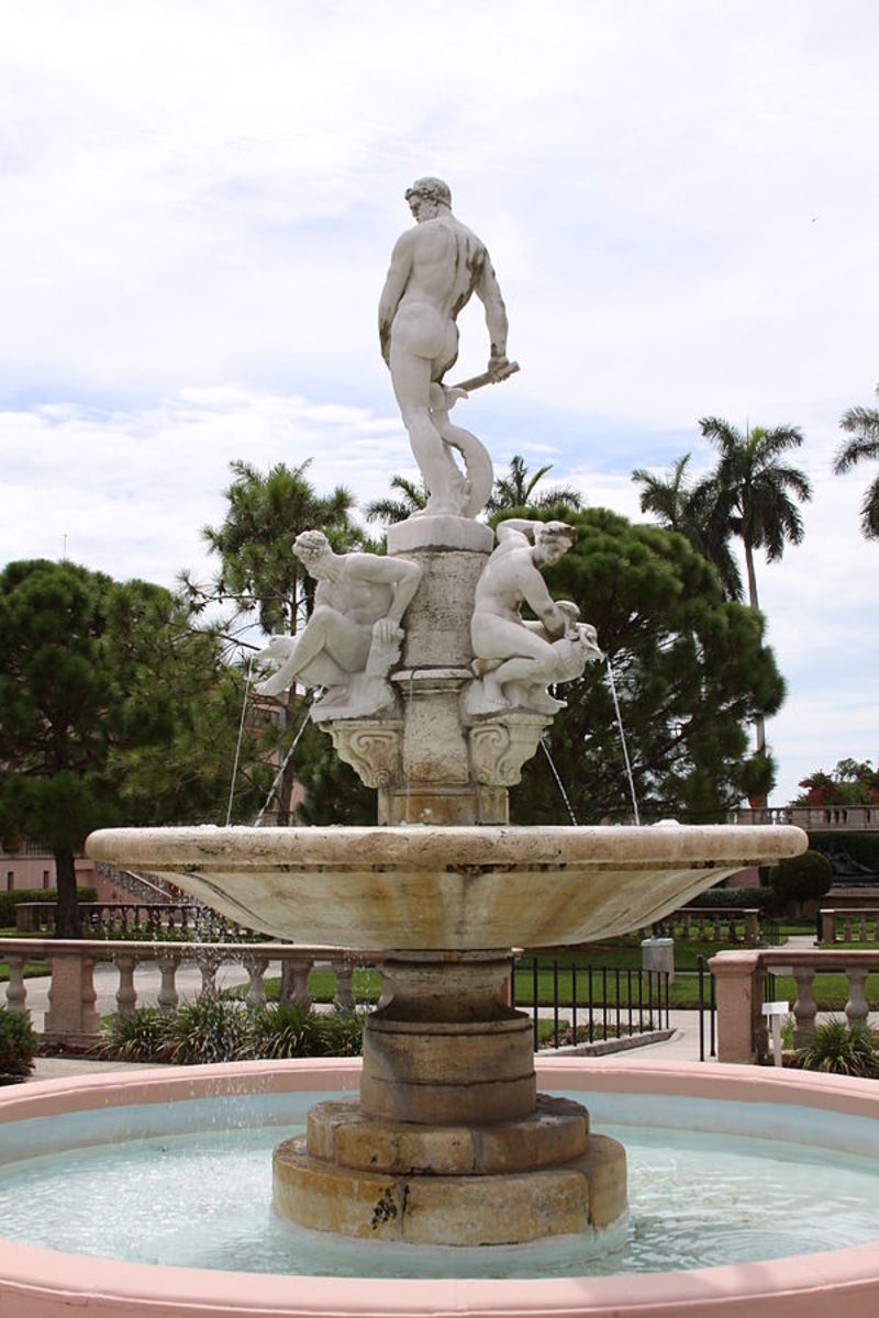 The Fountain of Oceanus in the Courtyard of The John and Mable Ringling Museum of Art is a modern copy of a sixteenth-century fountain by the italian Giovanni da Bologna. The original is in Boboli Gardens, Florence, Italy. Back detail. Sarasota, Flor