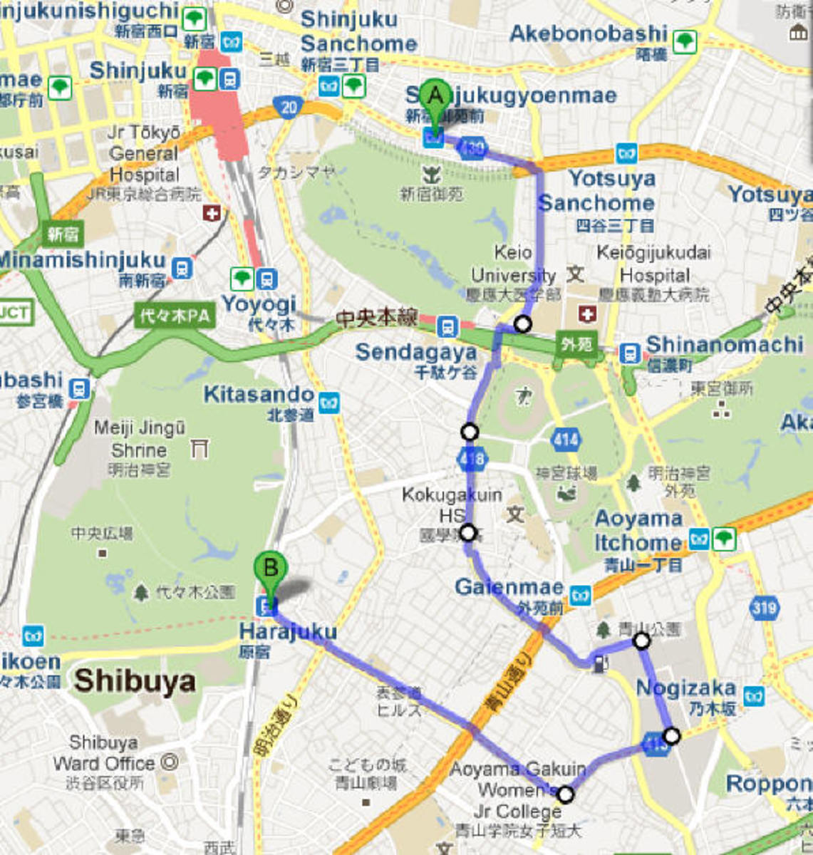 This is the route we took on the fine Sunday of April 1st. I can't manage Google to paint the route through Shinjuku park, but the rest is quite accurate. It's a distance of about 6.5 kilometers (about 4 miles).