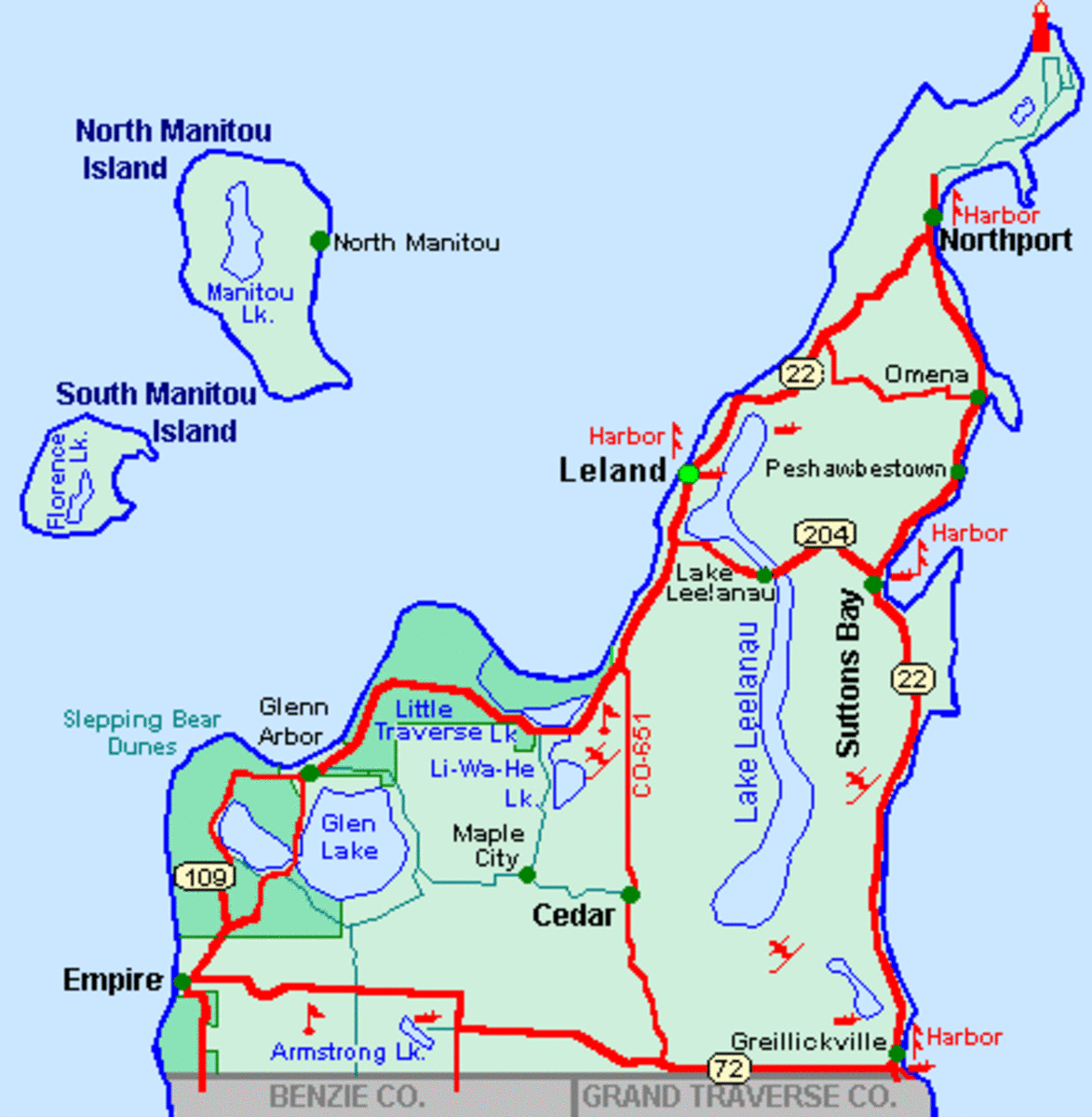 Closer view of Leelanau Peninsula, with our route marked in red