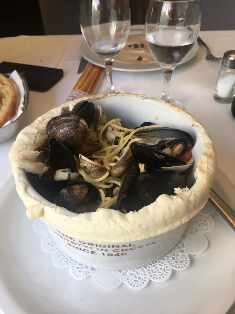 Seafood pasta in a pastry shell - delicious! (c) A. Harrison