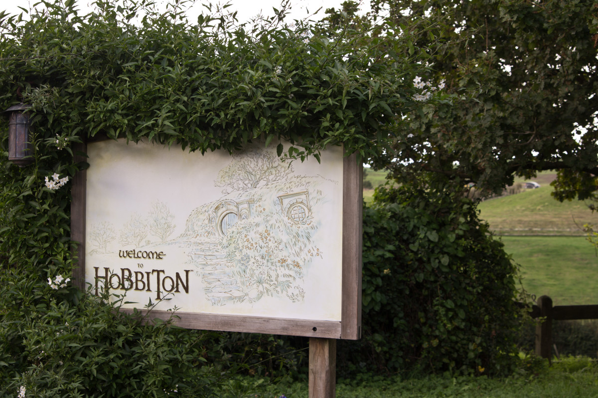 Welcome to Hobbiton. The sign greets guest as they step off the bus and make their way into the "village" of Hobbiton.