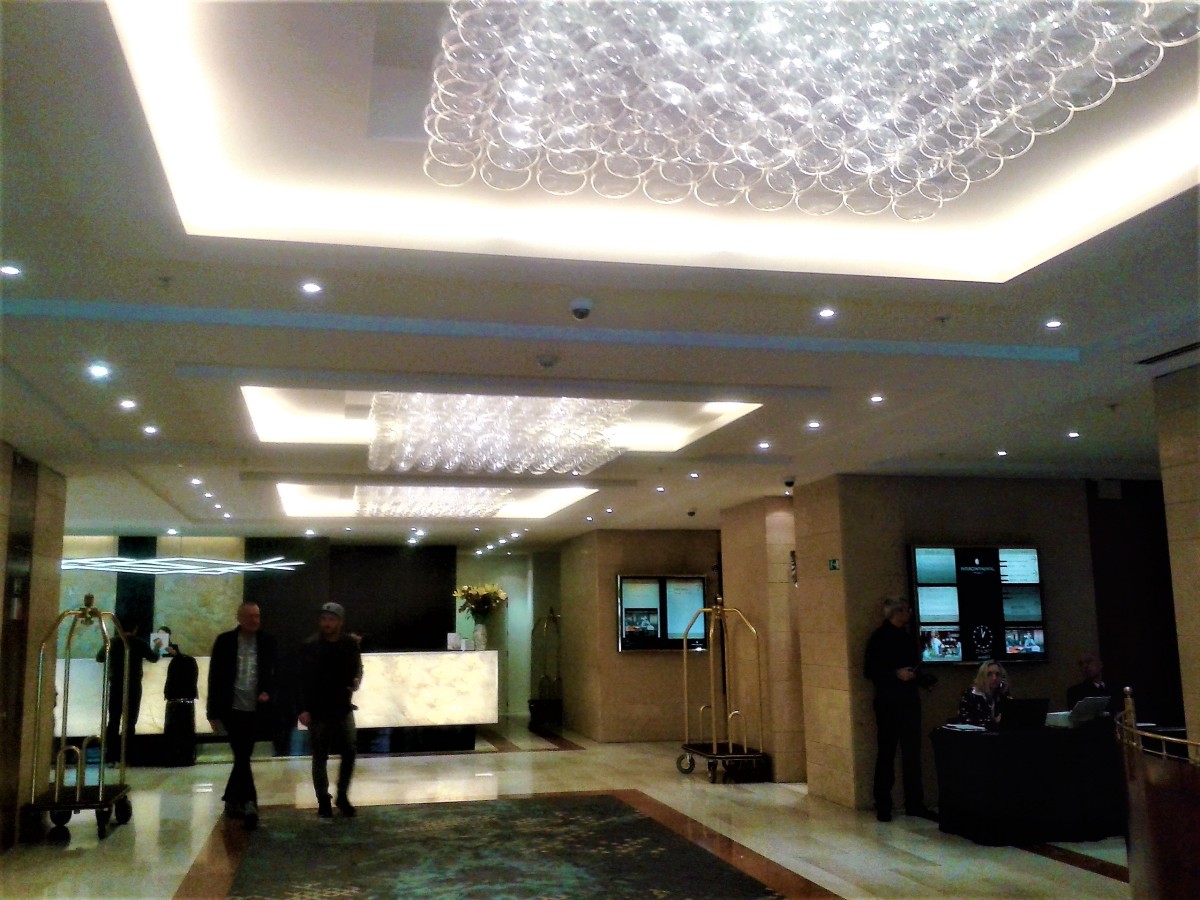 InterContinental Prague entrance with reception ahead.