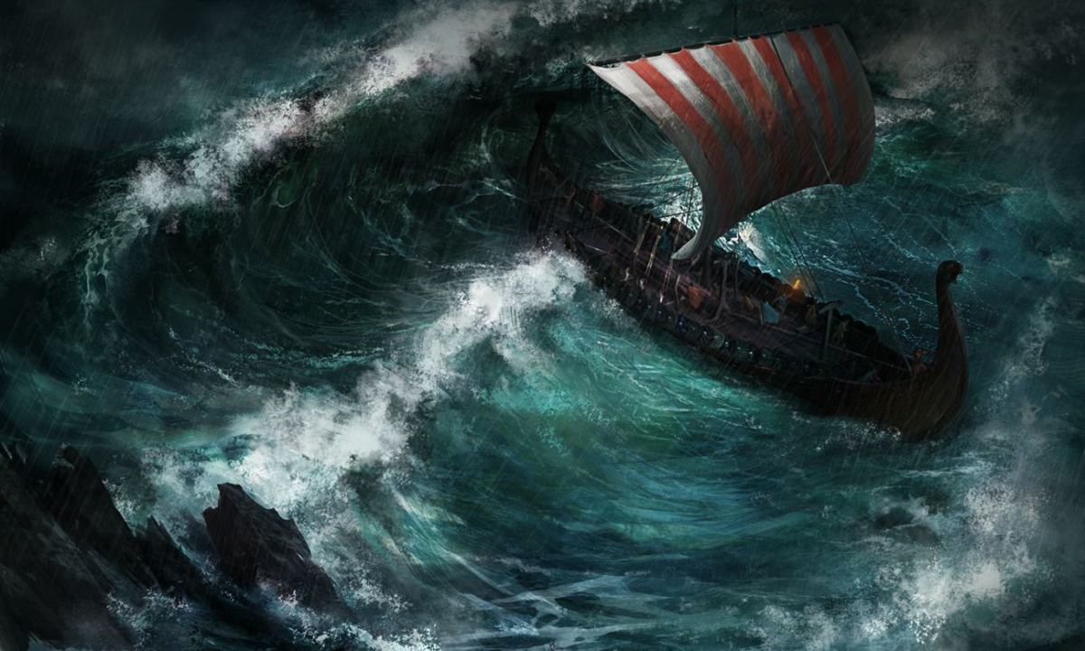 在这篇名为“维京人”的作品中，一艘挪威人的船在海上的风暴中战斗。