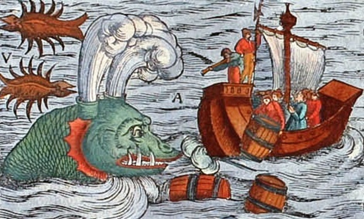 An illustration of sailors battling a Trolual.