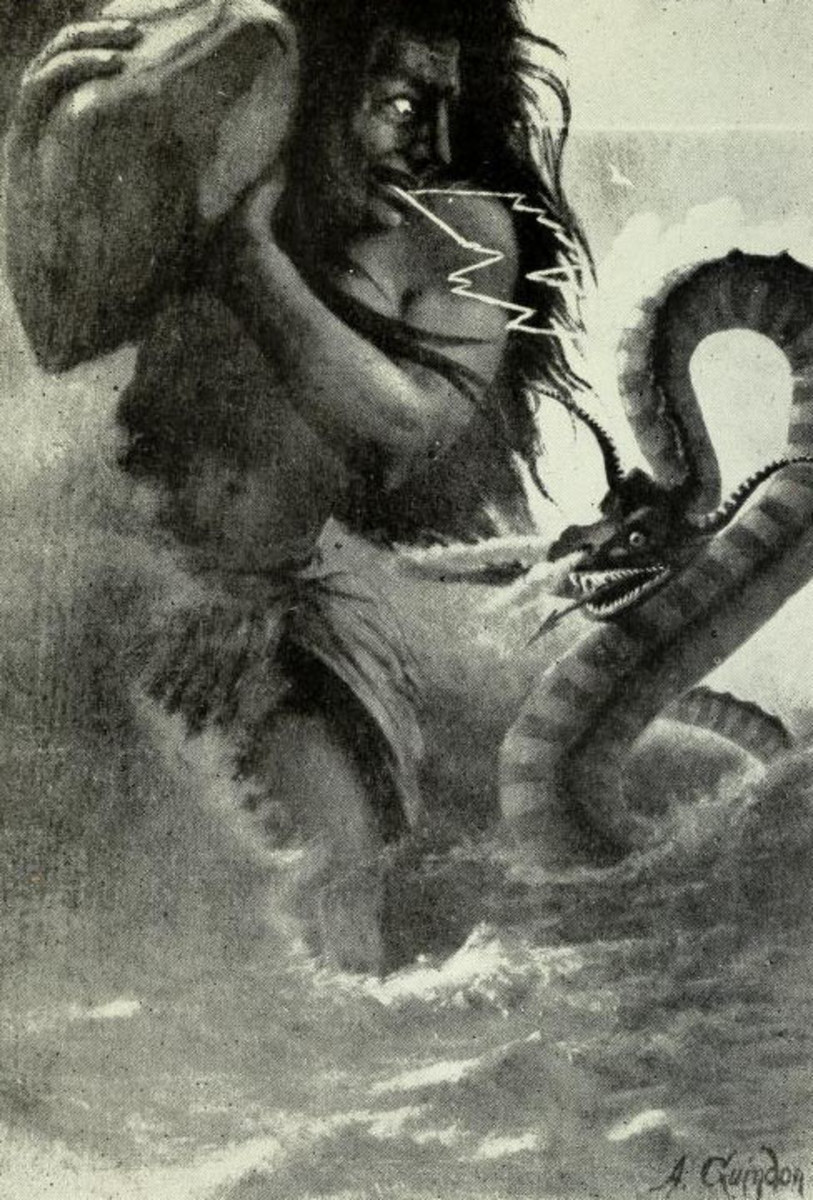 在易洛魁神话中，有角的水蛇奥尼雷与雷神希农交战。选自阿瑟·金登的《En Mocassins》，1920年。