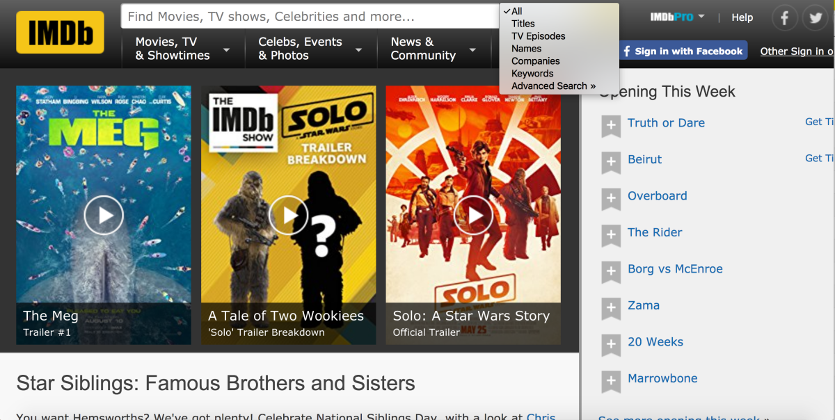 The IMDb homepage