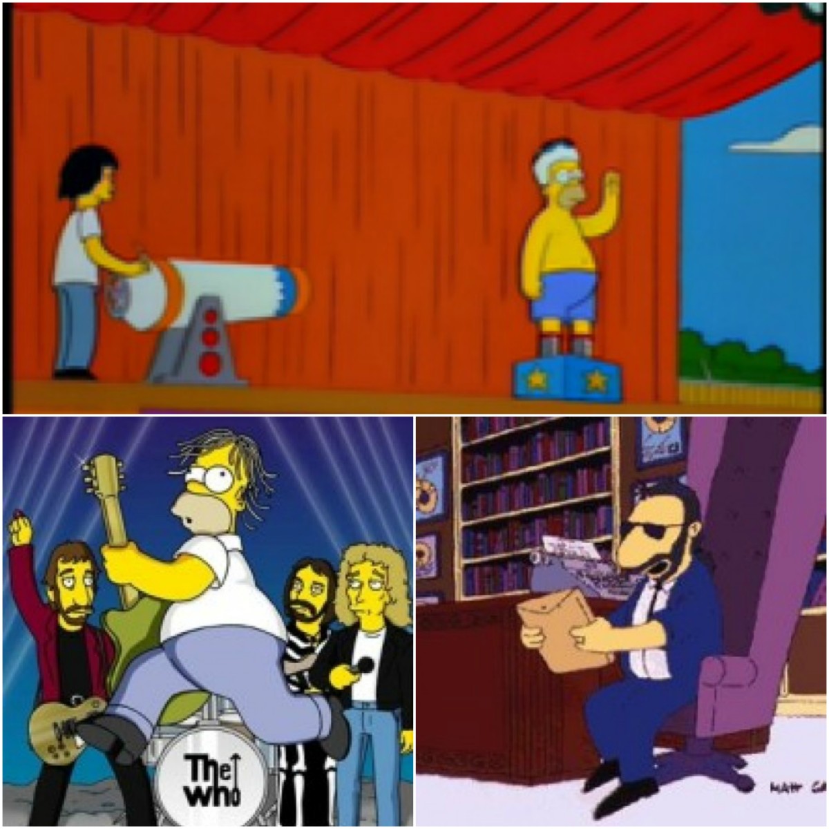 Top: Homer at Hullabalooza, bottom left: The Who, bottom right: Ringo Starr