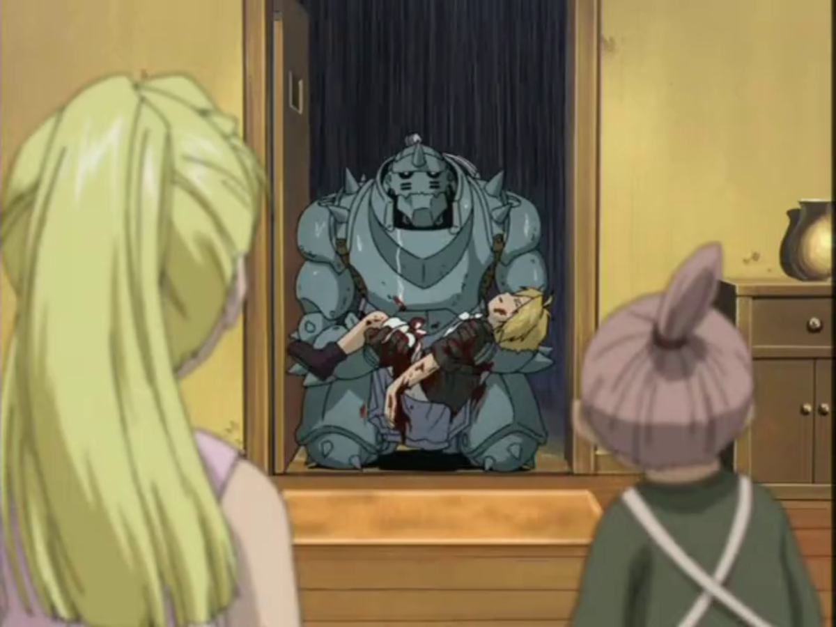 The devastating after-effects of human transmutation leaves Ed a bloody mess and Al trapped in a suit of armor.