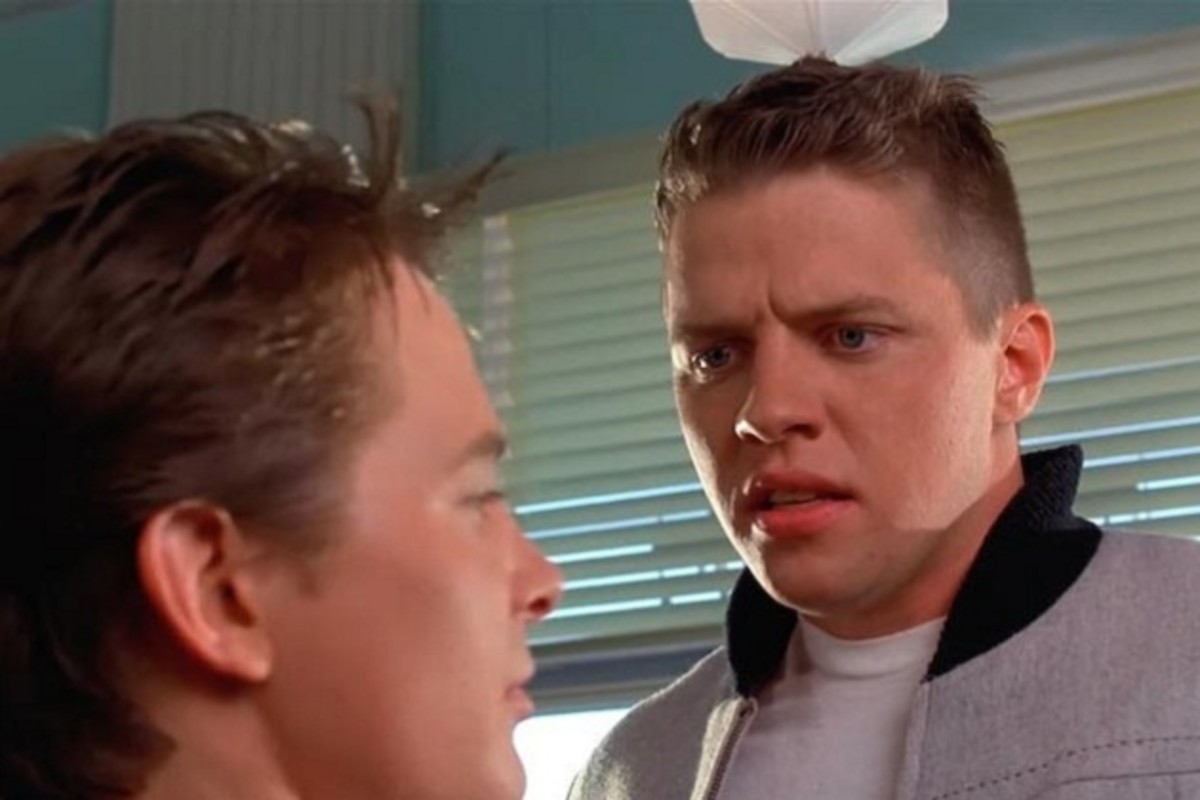 "What are you looking at, Butthead!" The first time Biff says this in George's home after wrecking his car is such a well-acted moment of film. You feel you really KNOW Biff after the one scene alone. In 1955 (above) Marty knows how to deal with him!