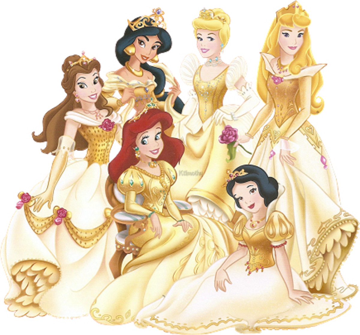 The original Disney princesses: Belle, Jasmine, Ariel, Arora, Cinderella, and Snow White.