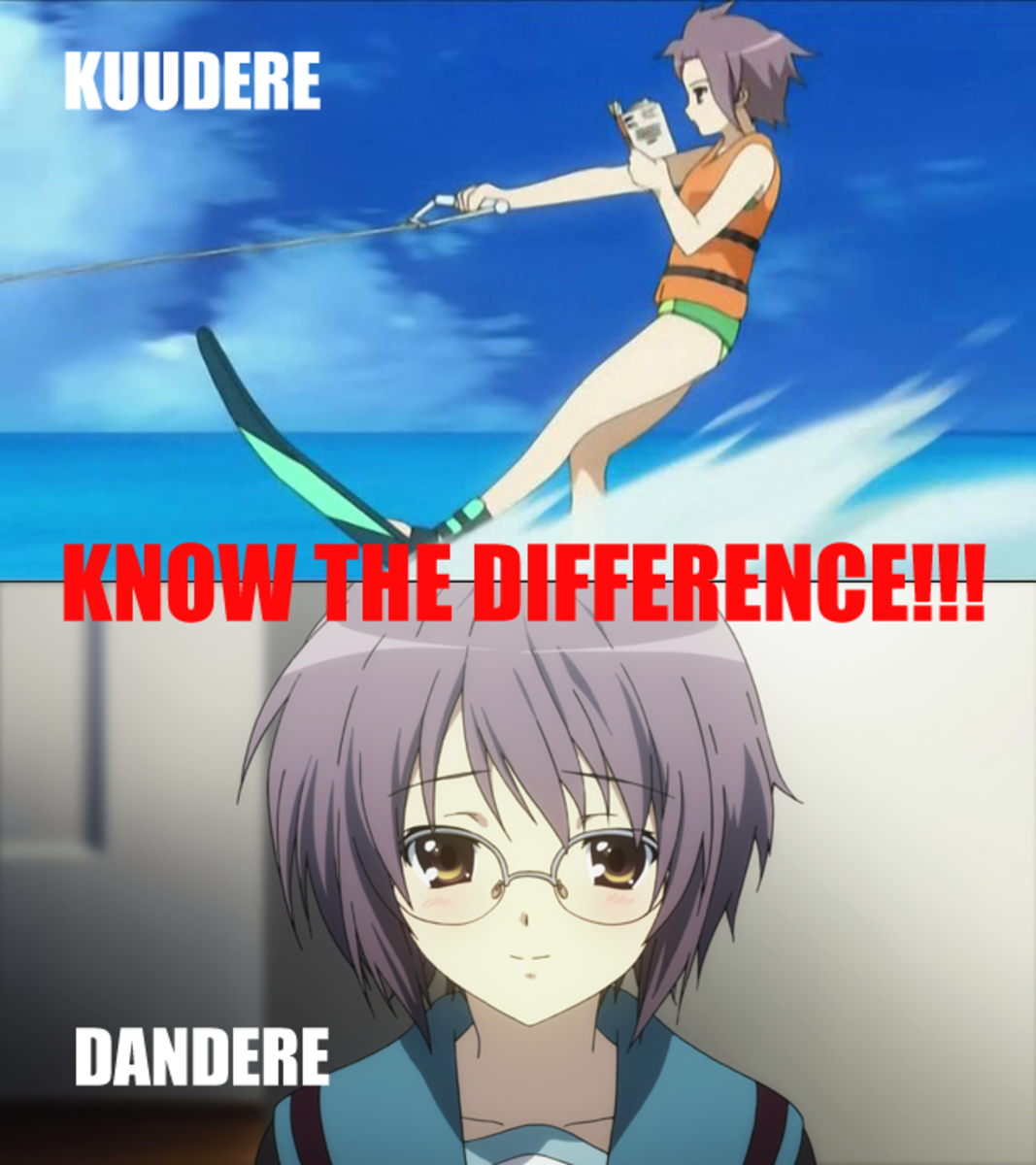 It could save your life kids! Yuki Nagato as a Kuundere in the TV series (top) and as a Dandere in the alternate timeline movie (below).