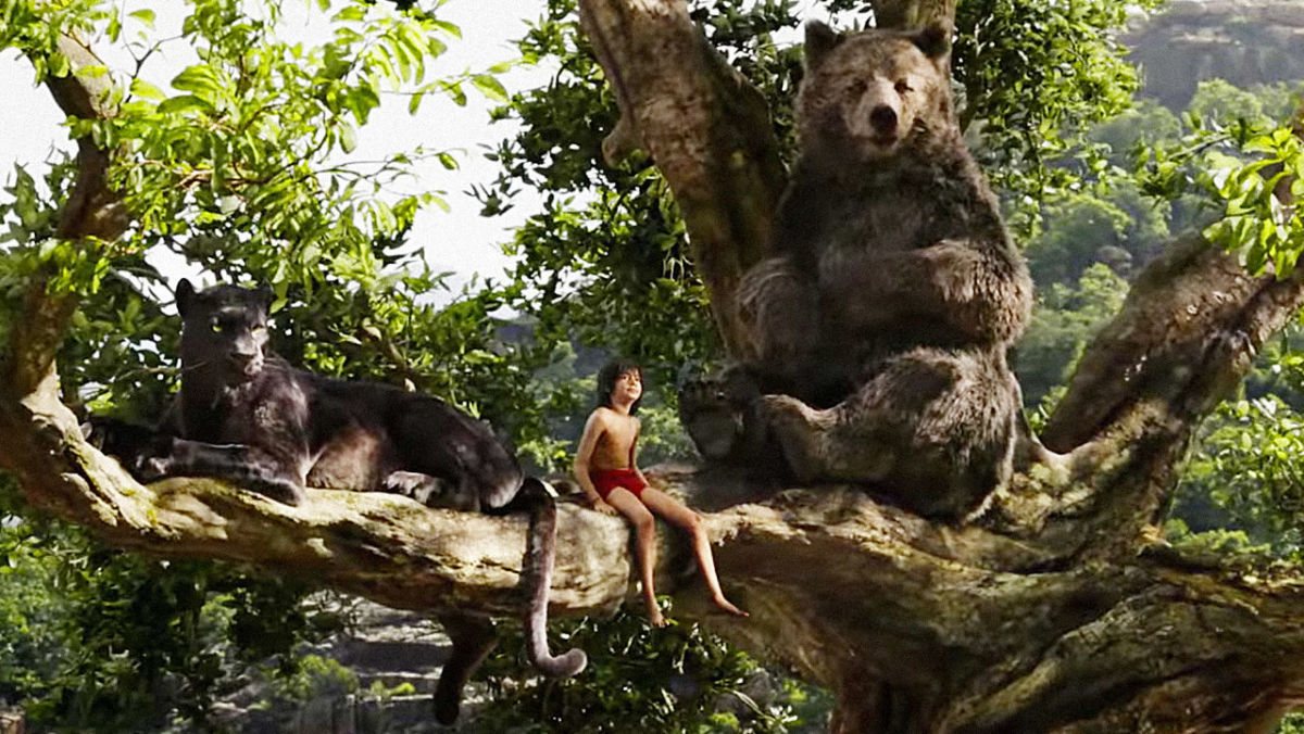L-R: Baloo, Mowgli and Bagheera hang out in The Jungle Book (2016).