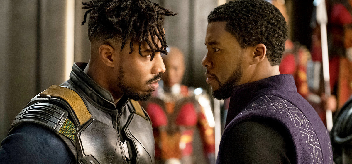 Michael B. Jordan and Chadwick Boseman as N'Jadaka and T'Challa in, "Black Panther."
