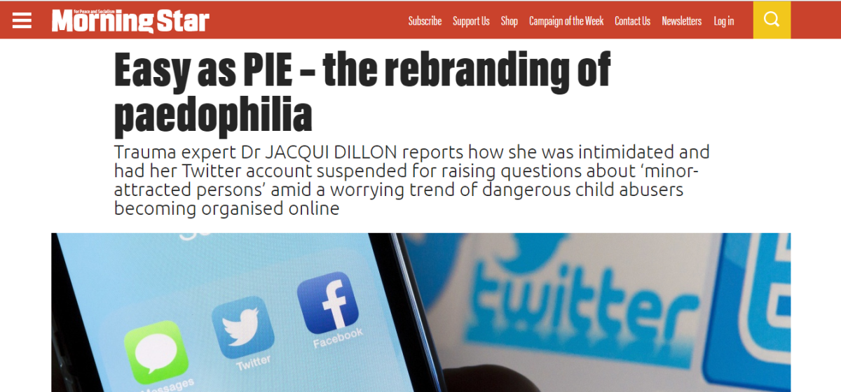 Twitter's acceptance of pedophiles advertising themselves openly on Twitter made headlines in The Morning Star