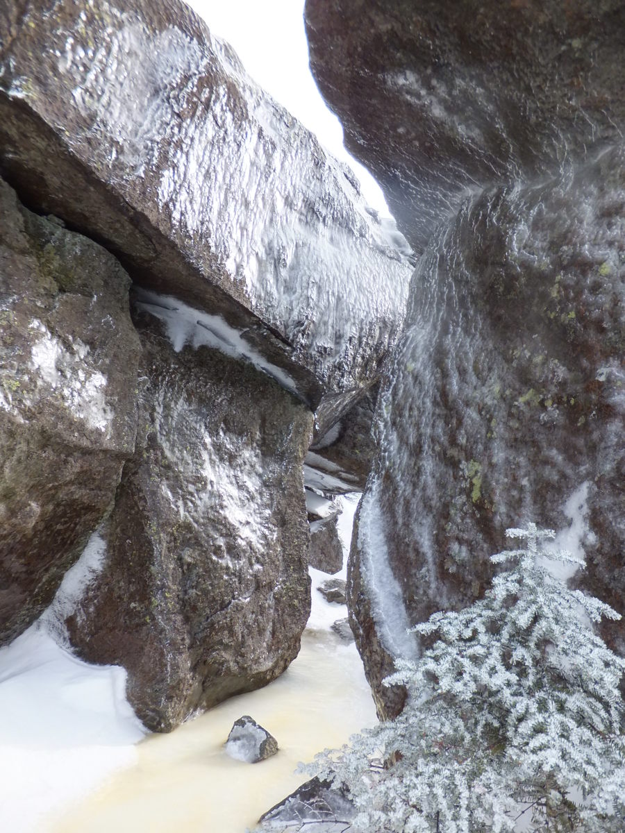 Passing through ice-encrusted boulders in Colden's alpine zone. Passing through ice-encrusted boulders in Colden's alpine zone.