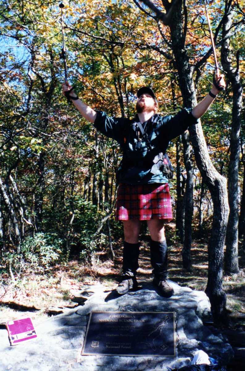 My triumphant finish on Springer Mountain in Georgia, the Southern Terminus of the Appalachian Trail.  Yes, I am wearing a kilt.  