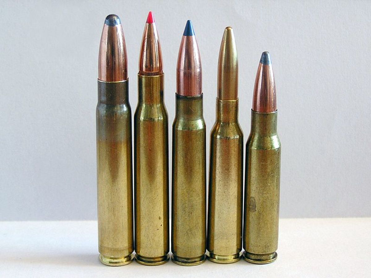 L-R: 9.3x62 Mauser, .30-06 Springfield, 8x57 Mauser, 6.5x55 Swedish, .308 Winchester