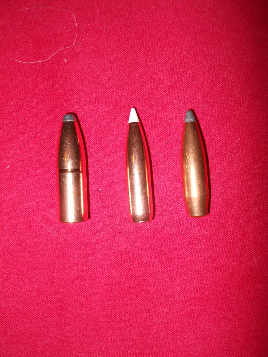 Nosler AccuBond (center) compared to the original controlled expansion Partition (left) and conventional cup and core Sierra Game King (right).   Partition and AB use tangent ogives vs Sierra's secant ogive