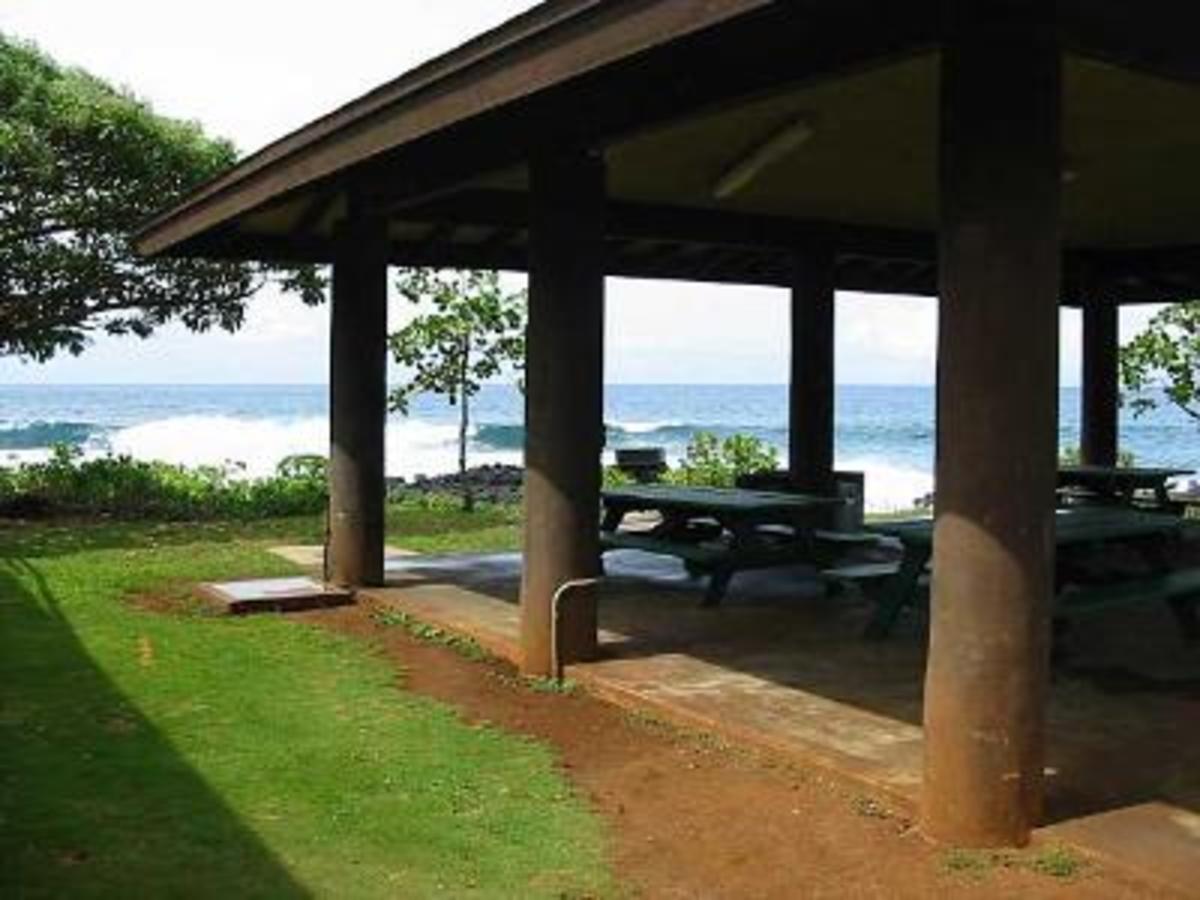 Kukuiula Harbor County Park, Kauai County, with shelters on the seaside