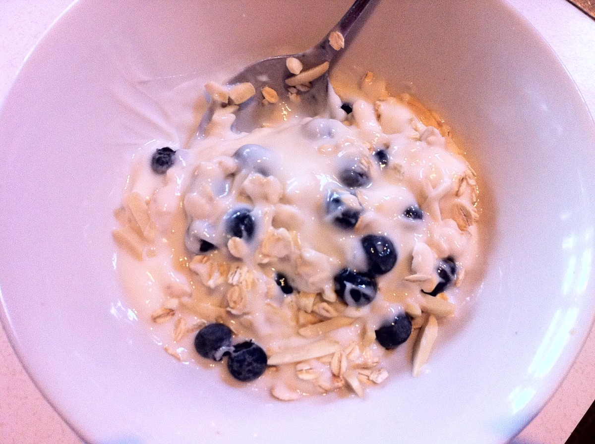 Yogurt, almonds, oatmeal, blueberries, chopped apples and flax seed is a quick and nutritious breakfast.