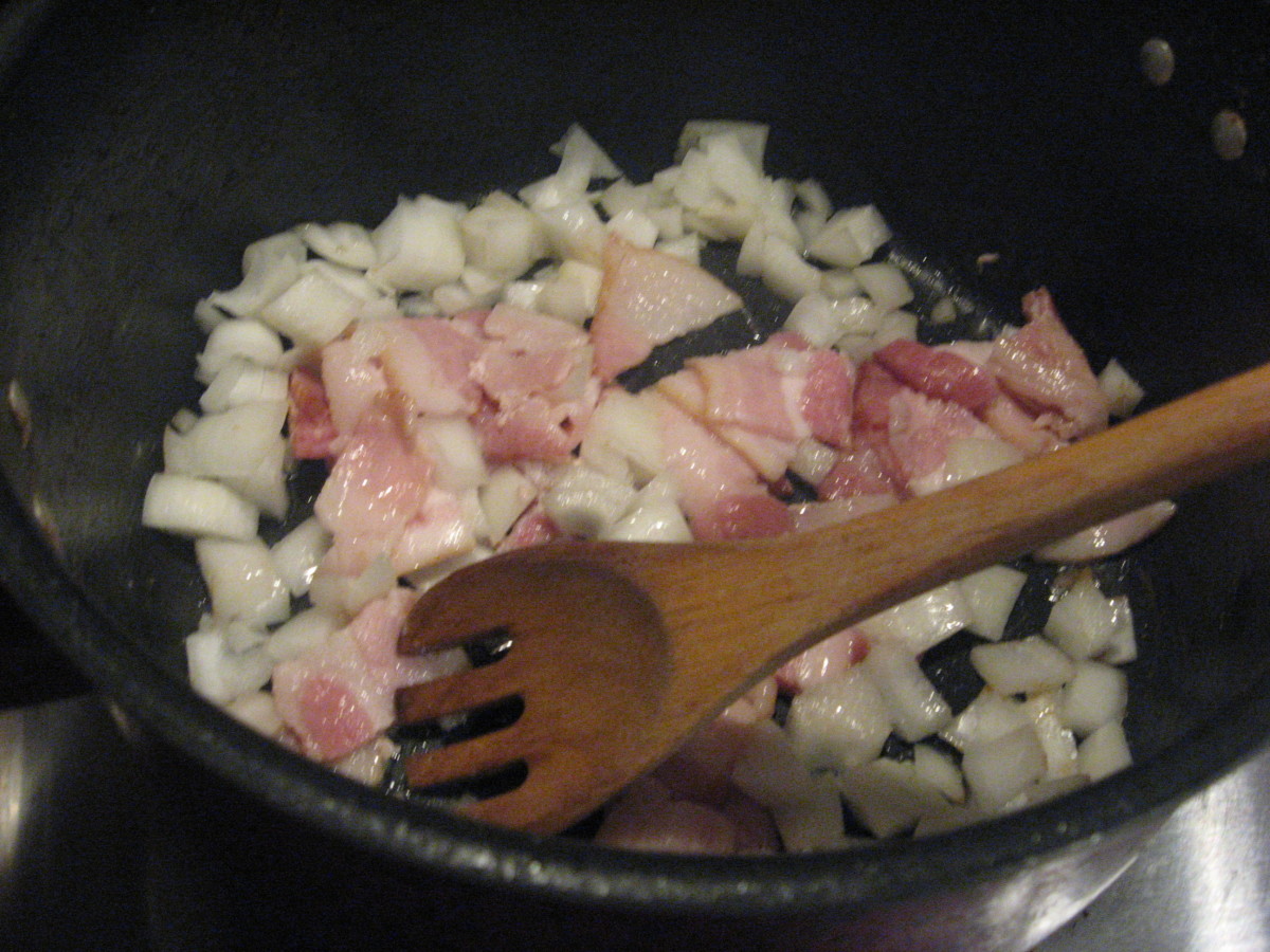 Saute bacon and onion. Add garlic.
