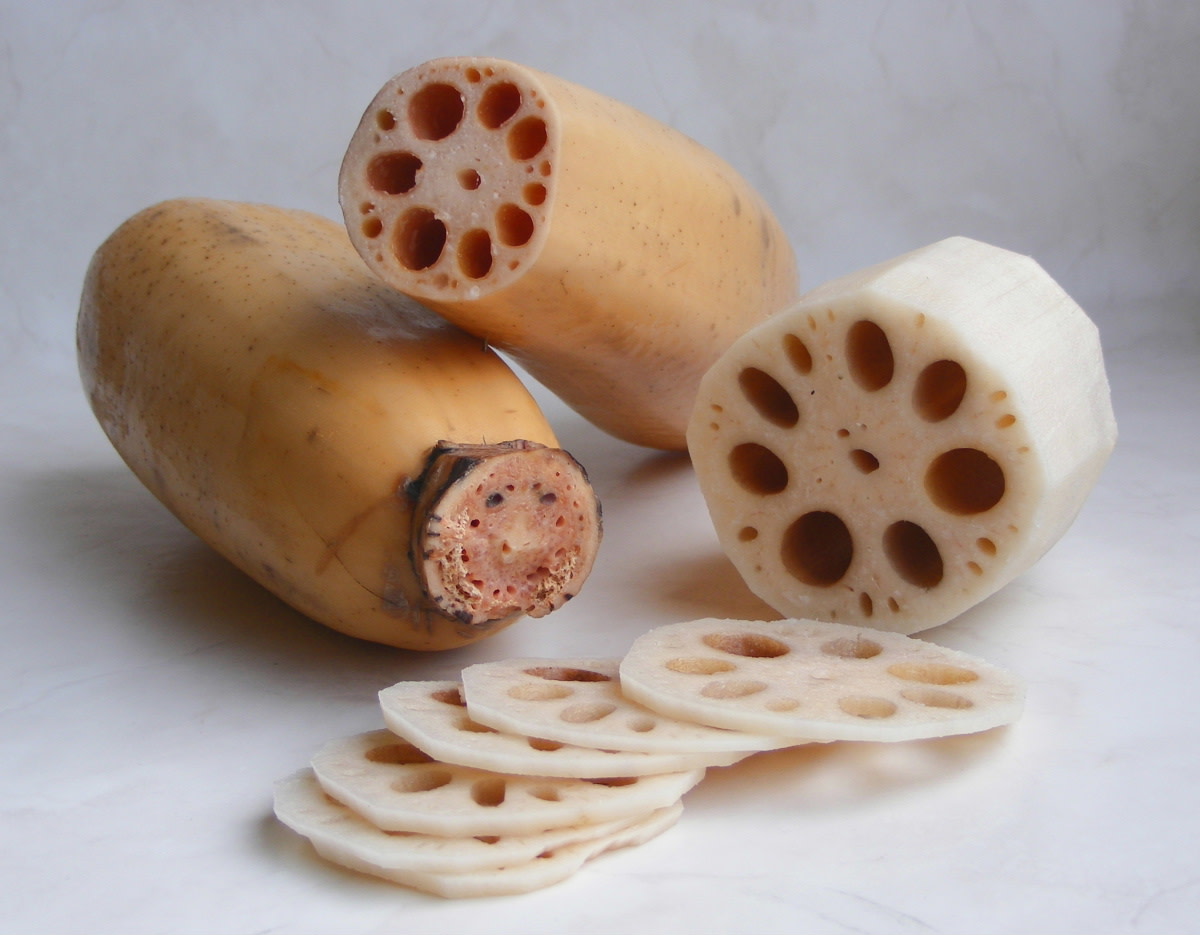 Sliced lotus stem, showing the hollow structures inside.
