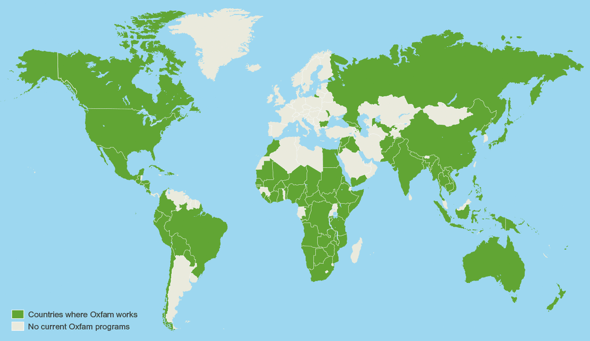 Countries where Oxfam worked as of 2012.  It had no presence in many developed countries, including in Europe.