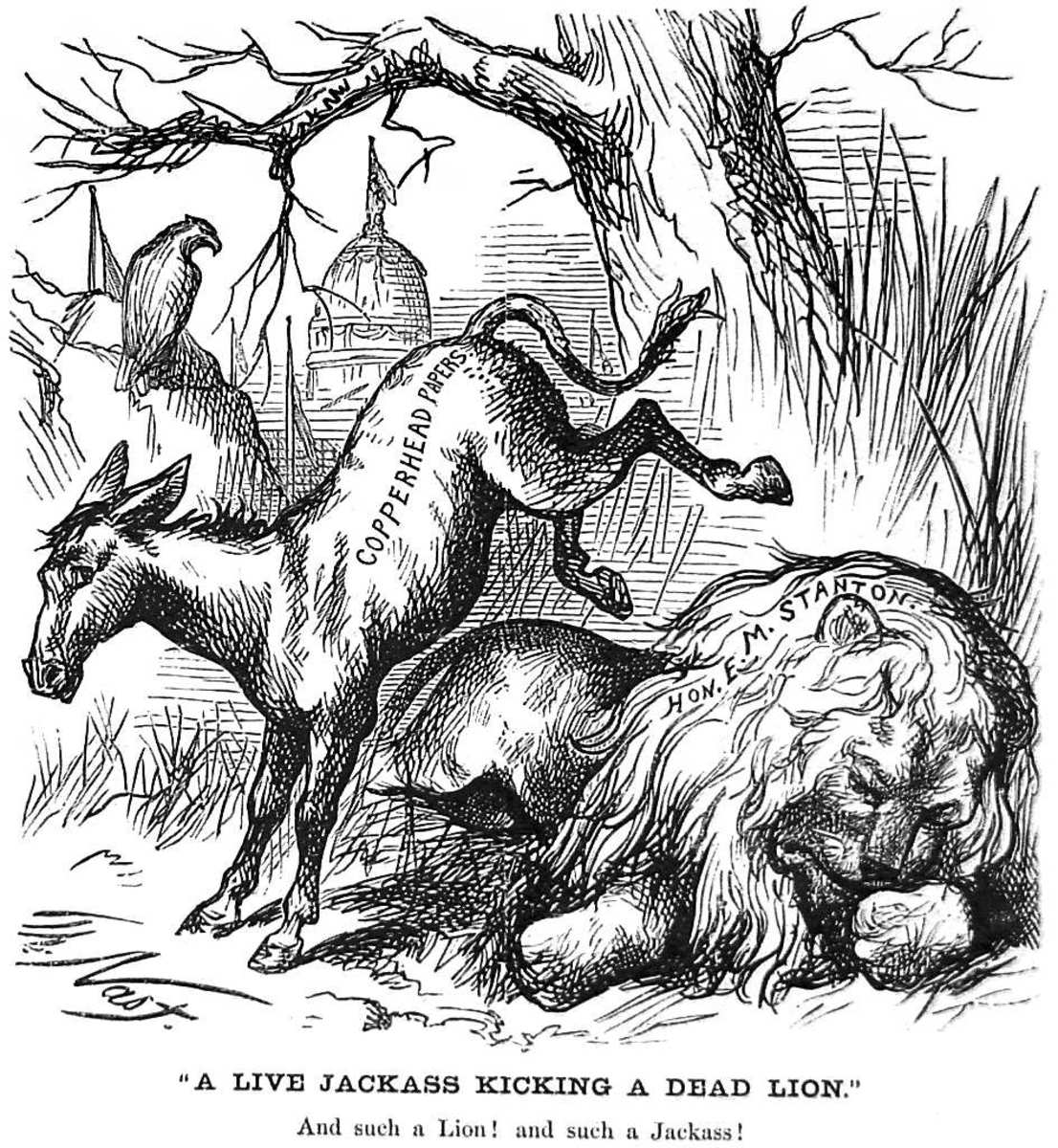 Thomas Nast, a political cartoonist, uses a donkey to represent the Democratic Party. 