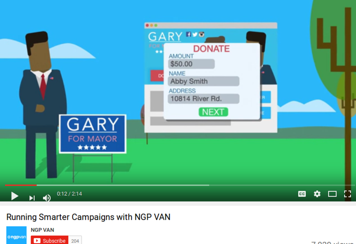 Screenshot from official NGP VAN video showing how donations to specific candidates are part of database.