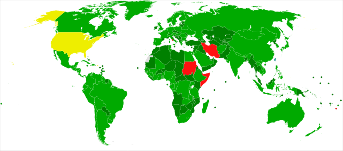 CEDAW Participation by Allstar86.  Legend: bright green=signed and ratified; dark green=acceded or succeeded; yellow=only signed; red=non signatory.