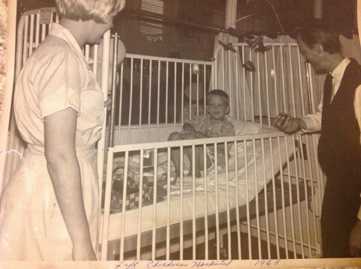 Me having surgery at five years old. They still had me in a crib, not because I needed one but so they could tie me to the bed at night. The would tie the opposing arm and leg so I wouldn't roll over on the catheter in my sleep.  