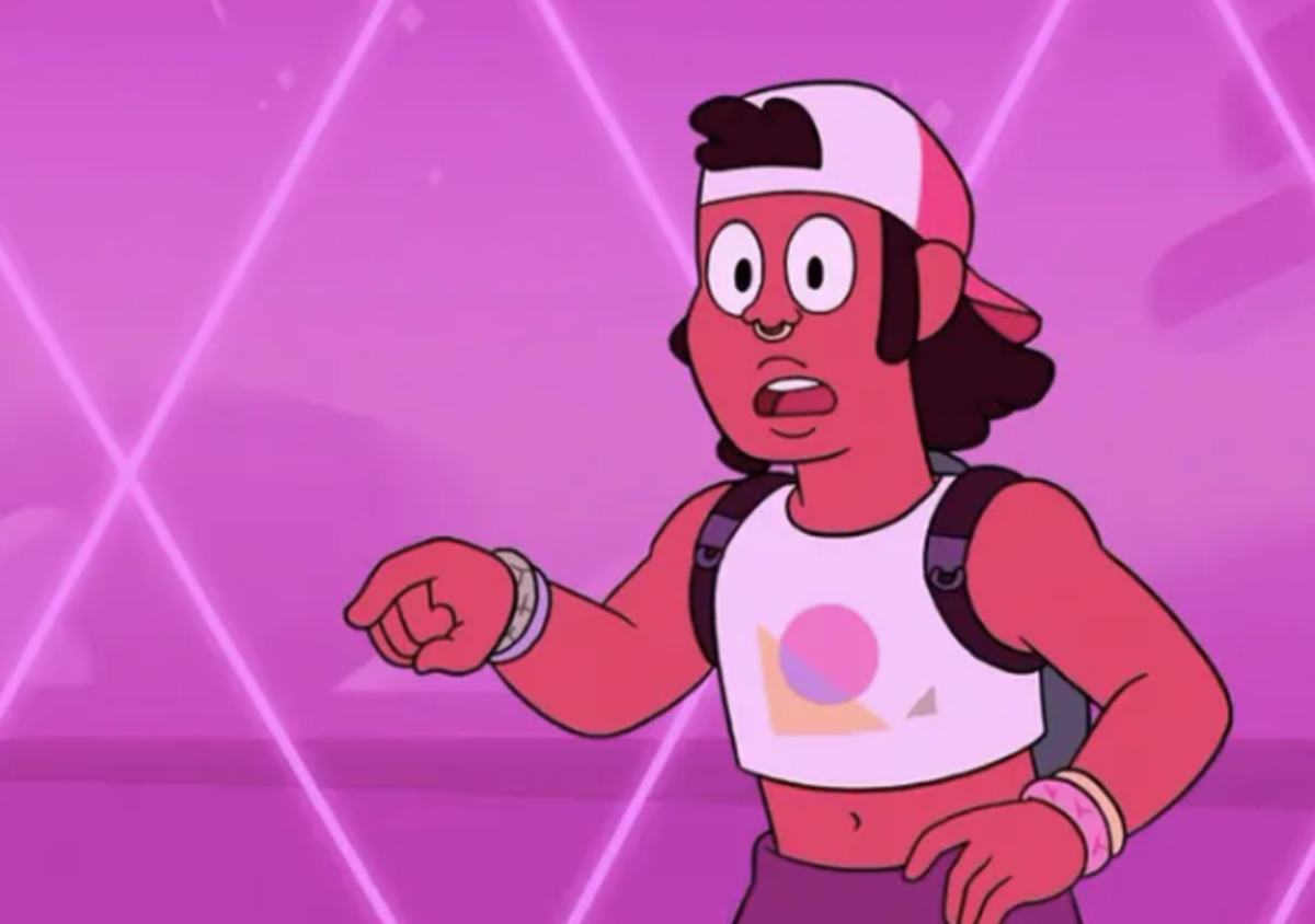This is Shep, the non-binary character in Steven Universe Future talking tyring to calm Steven down.